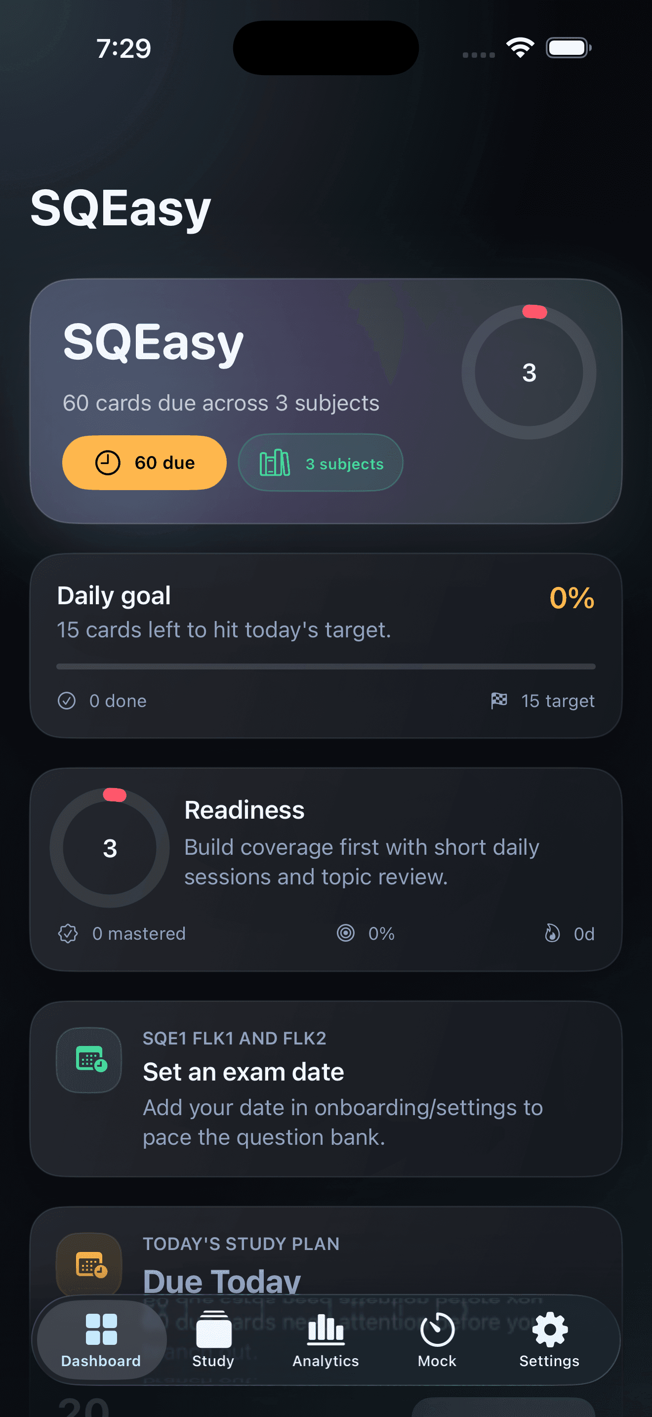 SQEasy dashboard showing daily study progress